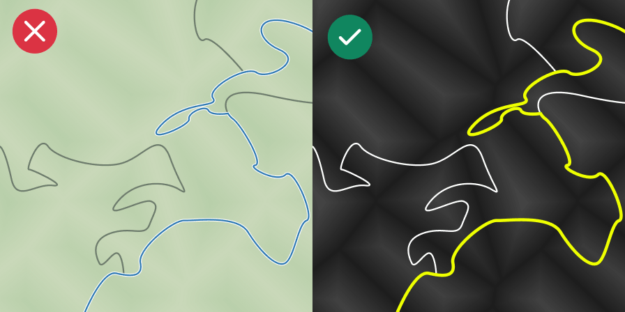 Map readability comparison. On the left: an unreadable design in pastel colors with thin lines, marked as incorrect. On the right: correct high contrast mode with a dark background and bright, thick trails.