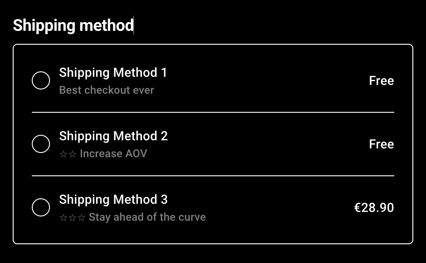 Radio group with three shipping methods looking the same. One of them is selected but we don't know which one.